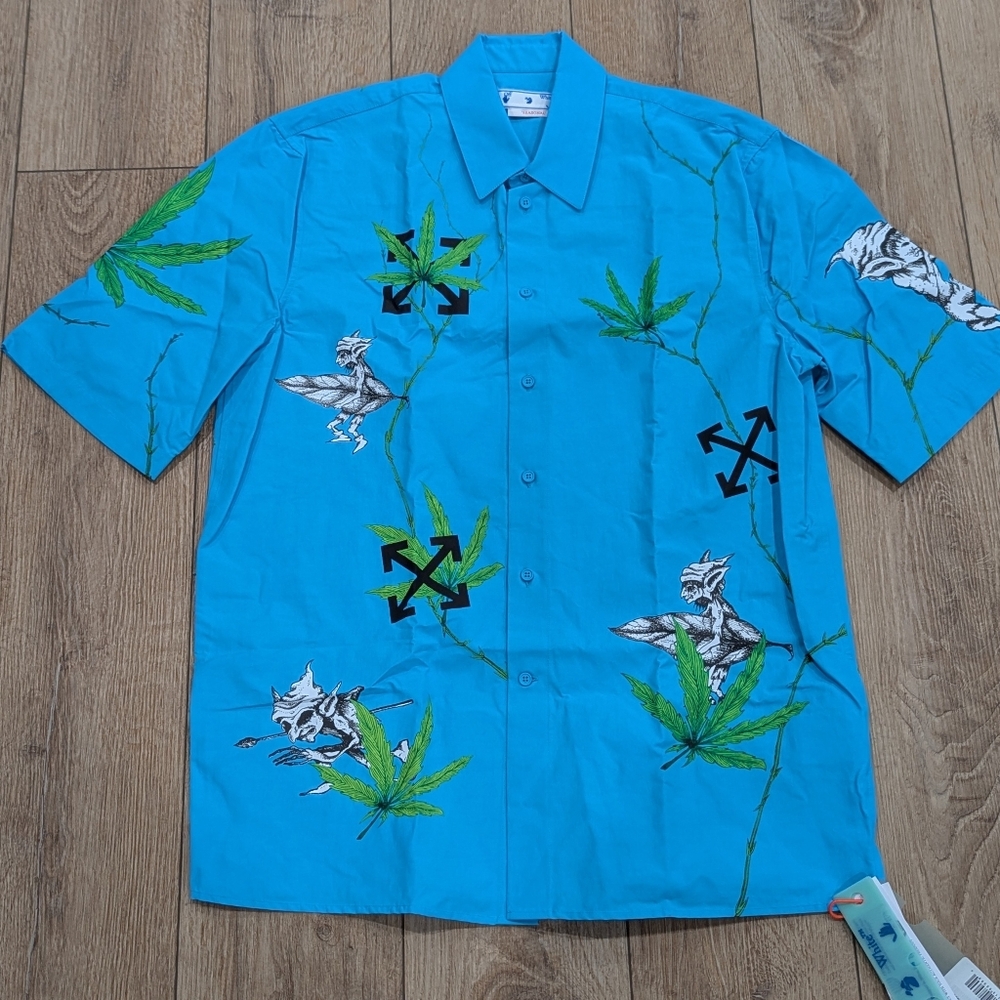 $990 Mens OFF-WHITE Leaf Print SS Button Up Shirt Teal Medium